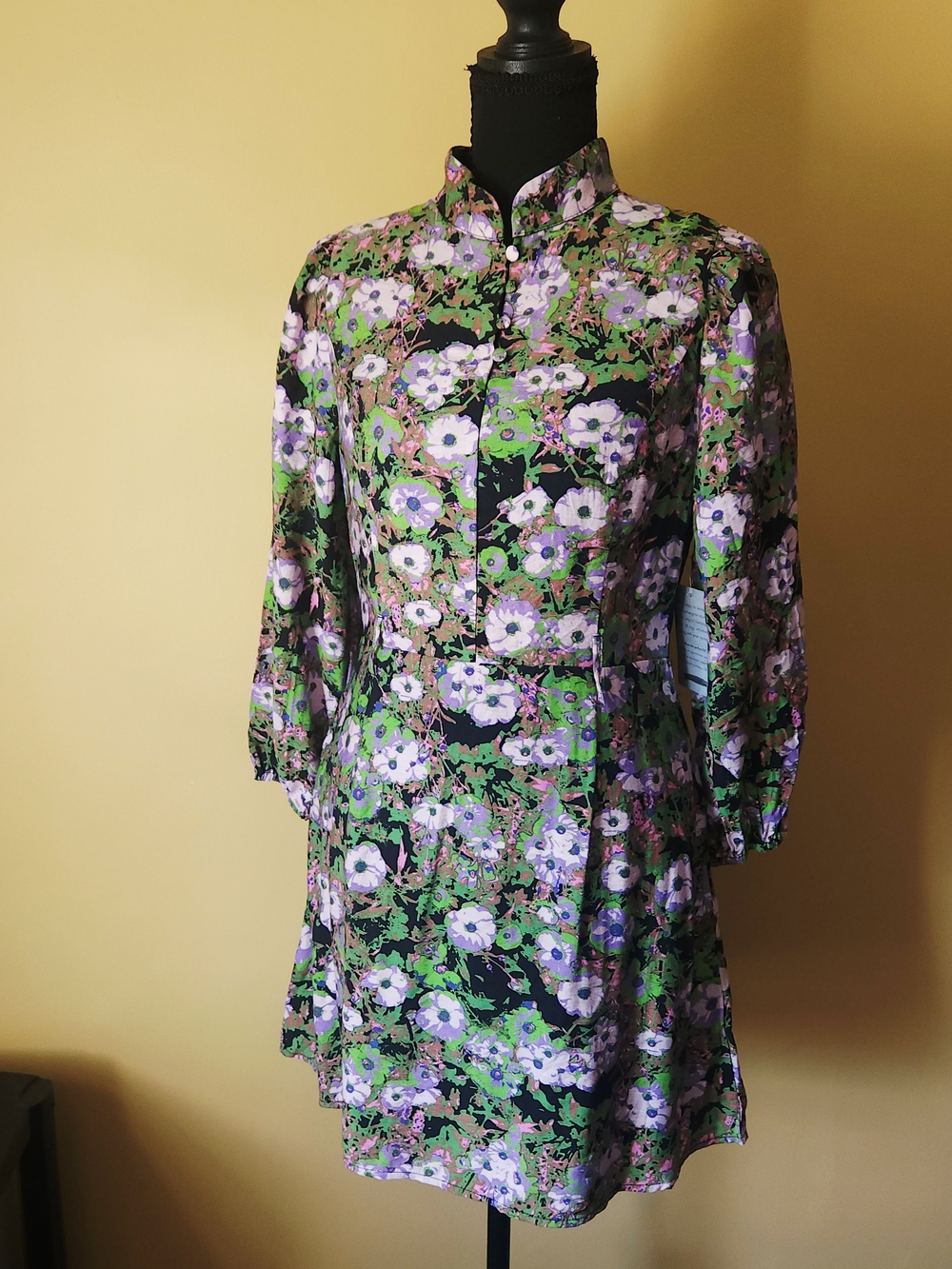 MELLODAY Black Floral Long-Sleeve Dress with Purple and Green Accents